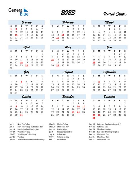 2023 One Page Printable Holiday List Calendar Presentation Report