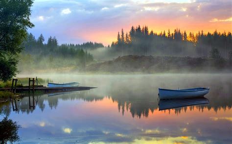 Wallpaper Sunlight Landscape Forest Boat Sunset Lake Water