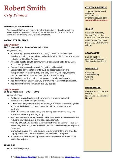 Free resume / cv template. City Planner Resume Samples | QwikResume