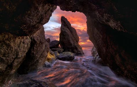 Wallpaper Sea Sunset Stones Rocks Cave The Grotto Images For