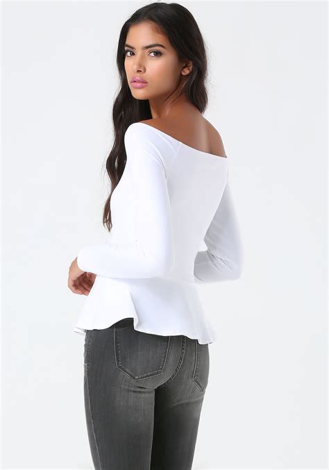 Bebe Synthetic Off Shoulder Peplum Top In White Lyst