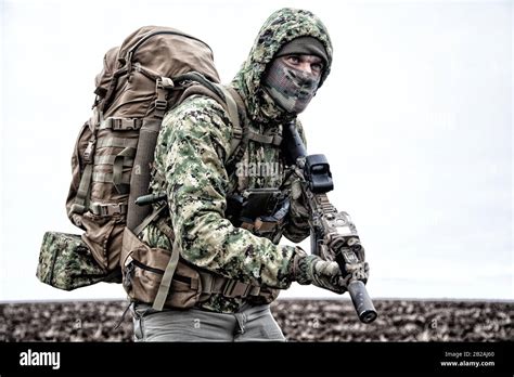 Irregular Military Mercenary Commando Saboteur In Camo Jacket Wearing