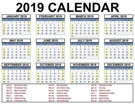 Download 2019 Calendar Printable With Holidays List Free Calendar