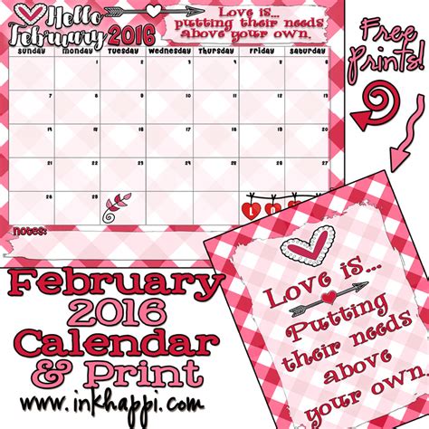 February 2016 Calendar And Love Print Inkhappi