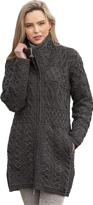 aran crafts women s irish cable knitted wool double collar coat x4263 sm char charcoal