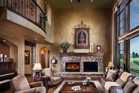 Beautiful Spanish Living Room Style With Rocks Fireplace Warm Furniture