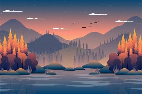 Premium Vector Scenery Autumn Forest With Mountain And Sky