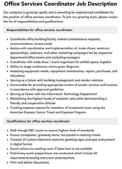 Office Services Coordinator Job Description Velvet Jobs