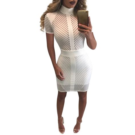 2018 Summer Sexy Perspective Mesh Dress Solid Blackwhite Women Turtleneck Short Sleeve Back