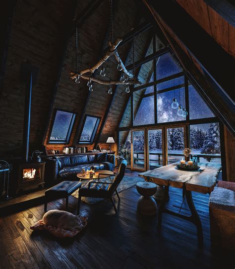 Cabin House In Winter Interior Visualization Behance