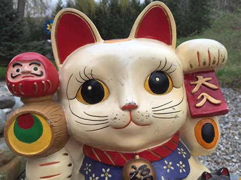 Japanese Big Red And Blue Antique Good Fortune Money Cats