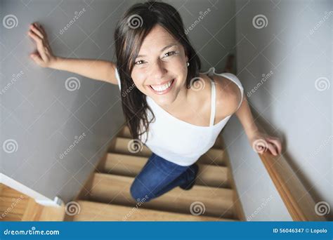 Woman Walking Up Stairs Stock Image Image Of Downstairs 56046347