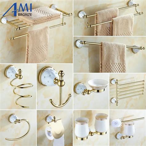 63gd series golden polish brass and diamond wall mounted bathroom accessories sets towel rack