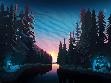Wallpaper River Forest Sunset Landscape Art Hd Widescreen High