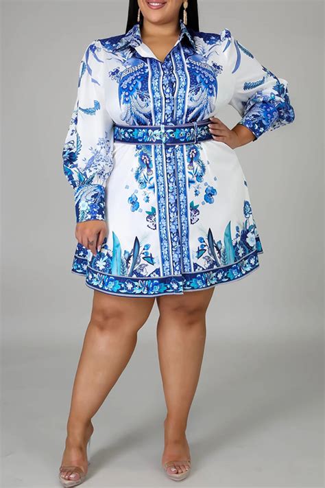 Lovely Casual Print Blue Knee Length Plus Size Dress Plus Size Dress Plus Size Lovelywholesale