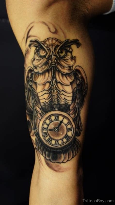 Clock And Owl Tattoo On Bicep Tattoos Designs