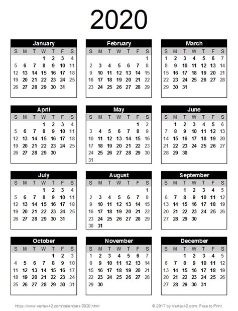 2020 Calendar Templates And Images Printable Yearly Calendar Yearly