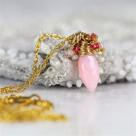 Pink Opal Pendant Necklace Dainty Cluster Necklace