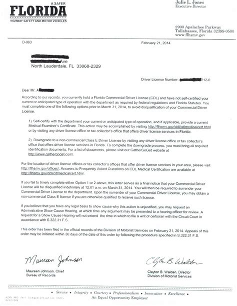 CDL Disqualification Letter Florida DMV - DOT Physical Ft Lauderdale
