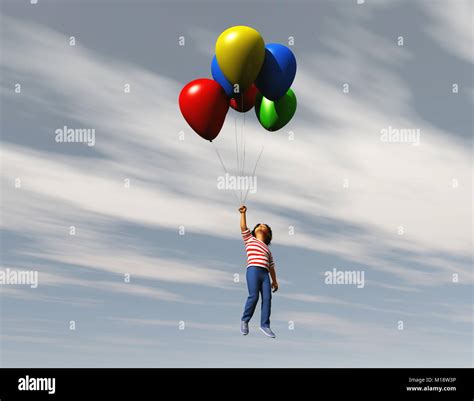 Boy Flying With Balloons Stock Photo Alamy