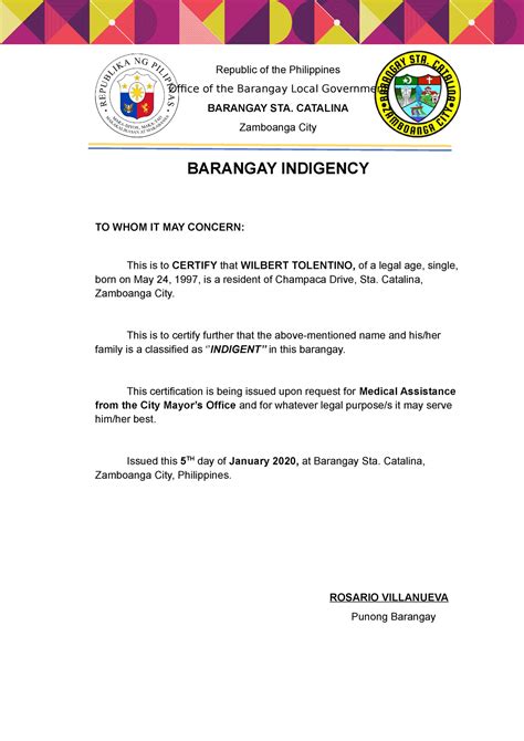 Template Barangay Indigency Lay Out Republic Of The Philippines My