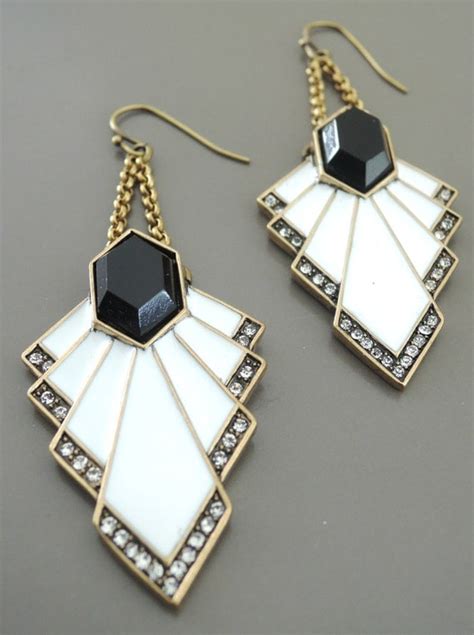 Art Deco Earrings White And Black Enamel Earrings Crystal