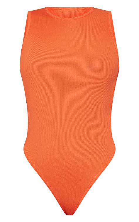 Orange Rib Cut Out Side Sleeveless Bodysuit Prettylittlething