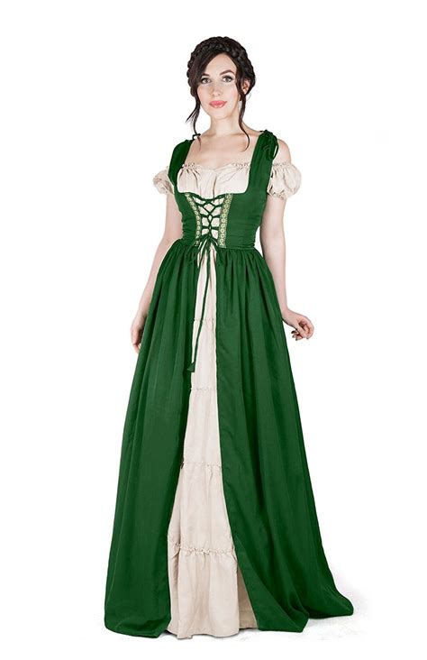 Renaissance Medieval Irish Costume Over Dress And Boho Chemise Set S M Hunter Green