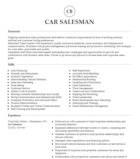 Car Salesman Resume Example