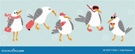 Set Of Different Funny Seagulls Stock Vector Illustration Of Bird