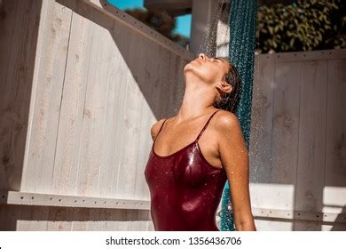 Woman Swimsuit Showering After Swimming Pool Stock Photo 1356436706
