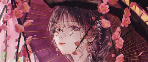 Download Wallpaper 2560x1080 Girl Umbrella Sakura Kimono Glasses