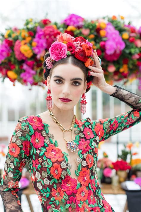 Inspired By Frida Kahlo Colourful Floral Wedding Editorial Dress By