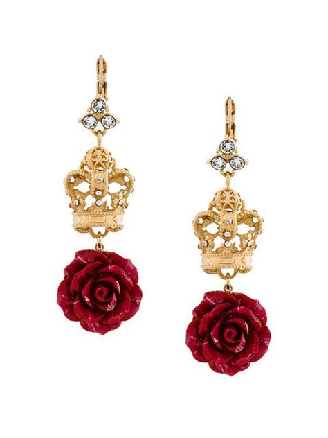 Dolce And Gabbana Crown And Rose Drop Earrings In Multi Modesens