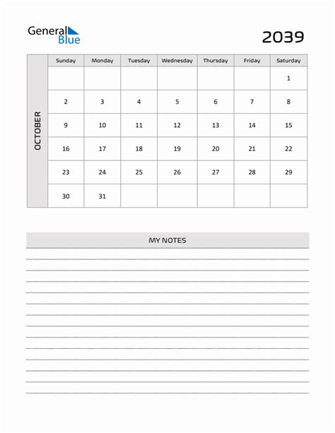October 2039 Printable Monthly Calendar With Notes