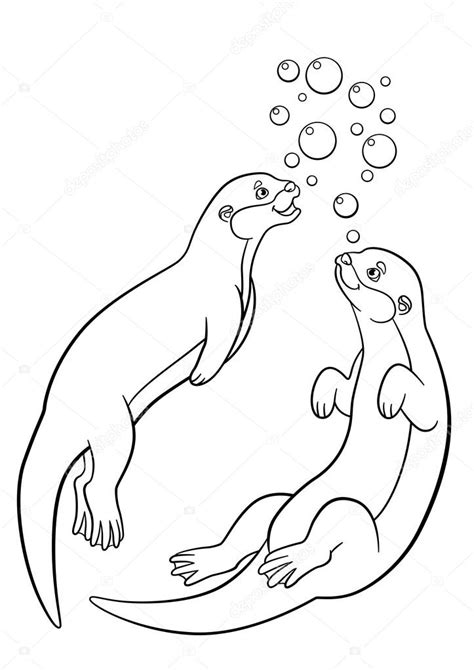 Coloring Pages Two Little Cute Otters Swim And Smile Premium Vector