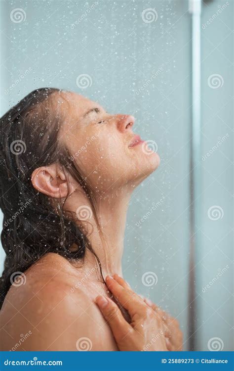 Portrait Of Woman Bathing In Shower Stock Photos Image