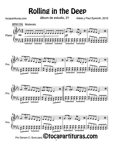 Piano Sheets Music Rolling In The Deep Partitura Para Piano By Adele 1