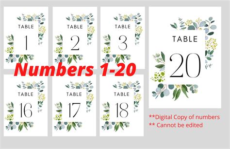 Printable Wedding Table Numbers 1 20 5 X 7 Etsy