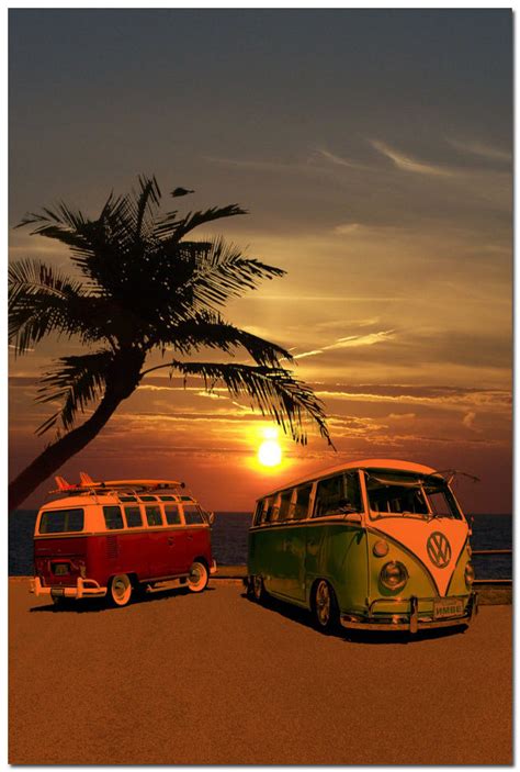 Sunset Vw Bus Campers At Surf Beach Silk Poster Art Bedroom Decoration