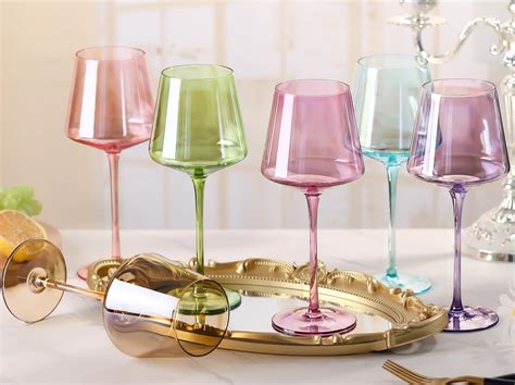 Physkoa Colored Wine Glasses Set Of 6 16 Ounce Multi Colored Wine Glasses With Long