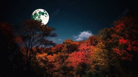 Full Moon Over An Autumn Forest With Autumn Trees In The Background