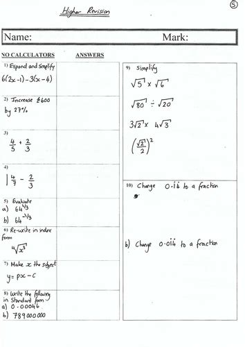 Higher Gcse Maths Revision Sheets Teaching Resources