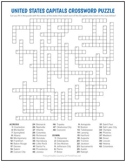 United States Capitals Crossword Puzzle Print It Free