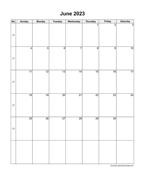 2023 June Calendar Blank Vertical Template Free Calendar