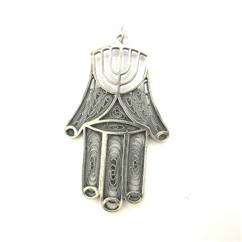 hamsa pendant decorated with menorah 925 sterling silver etsy