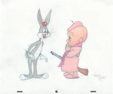 Bugs Bunny And Elmer Fudd In Bathrobe With Gun Looney Tunes Color Art