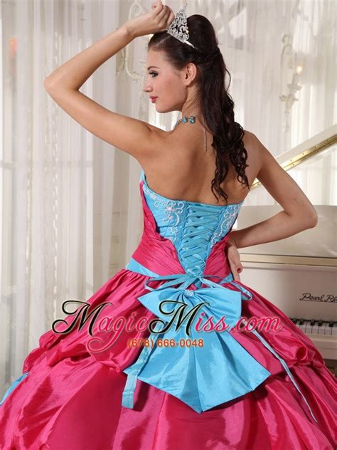 Aqua Blue And Hot Pink Ball Gown Sweetheart Floor Length Taffeta Appliques Quinceanera Dress