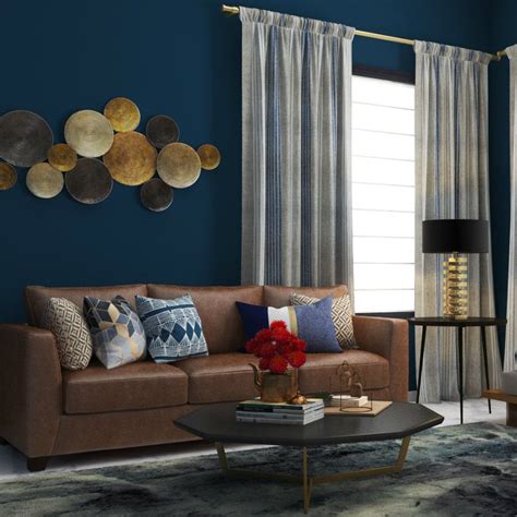 A Navy Blue Wall Matched With A Classic Brown Sofa Brown Living Room