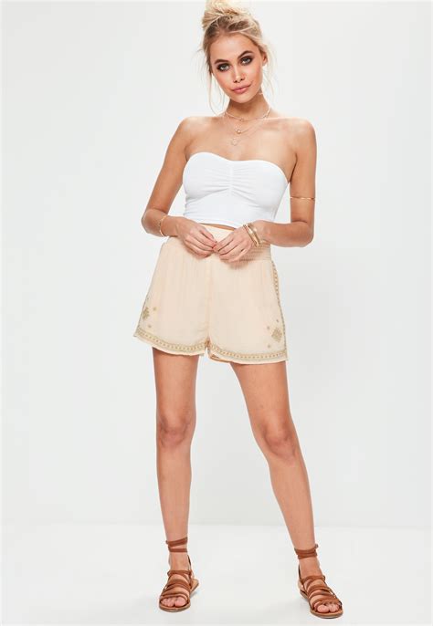 Lyst Missguided Nude Gold Embroidered Shirred Waist Shorts In Natural